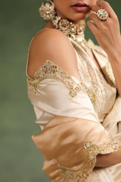 Charu Makkar Beige ombre embroidered scalloped sari set CRMAUG2410