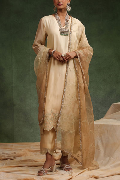 Beige ombre floral embroidery scallop kurta set