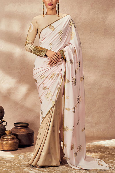 Beige palm tree print sari set