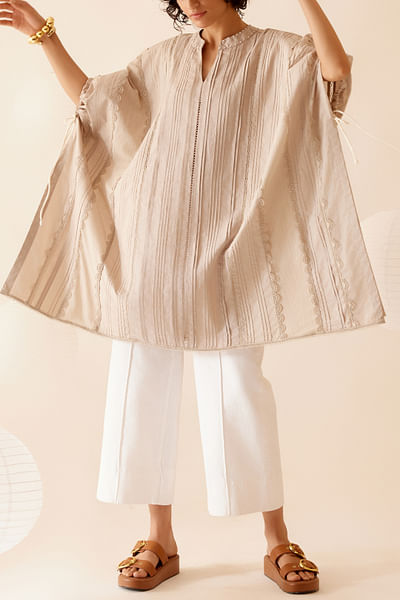 Beige pintuck and lace work kaftan