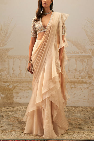 Beige pre-draped ruffle sari set