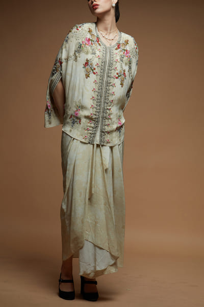 Beige printed cape and dhoti skirt