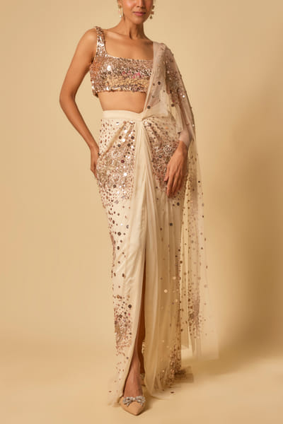 Beige sequin embroidered draped sari set