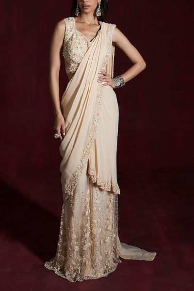 Beige sequin embroidered pre-draped sari set