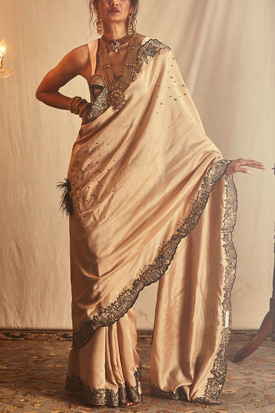 Beige sequin embroidered sari