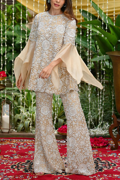 Beige sequin embroidered top and pants