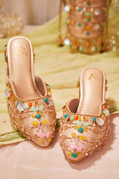 Beige stone embroidered mule heels
