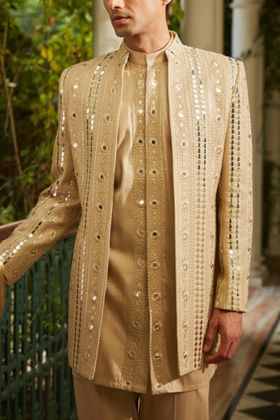 Bohame Beige thread embroidered open jacket set BOHDEC24D11825