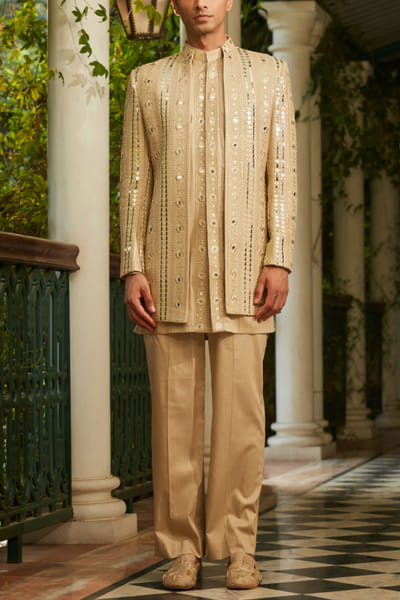 Bohame Beige thread embroidered open jacket set BOHDEC24D11825