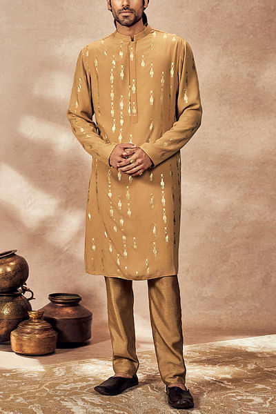 Beige tribal pillar foil printed kurta set