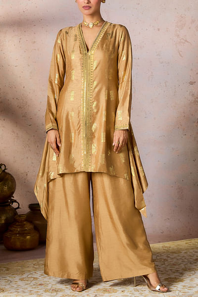 Beige tribal timber foil printed tunic set
