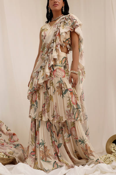 Beige tropical floral print pre-drape sari set