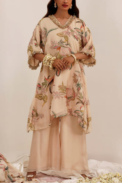 Beige tropical floral printed A-line kurta set