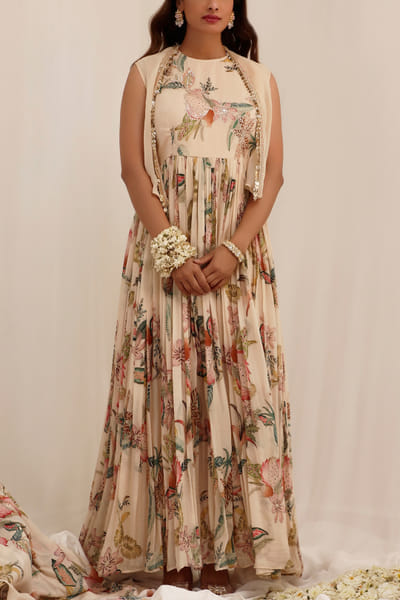 Beige tropical floral printed anarkali set