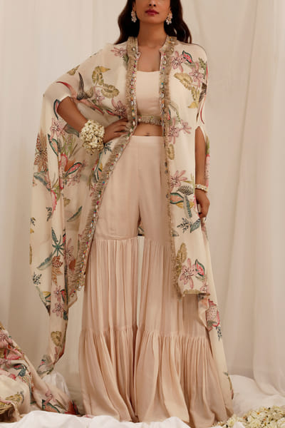 Beige tropical floral printed cape set