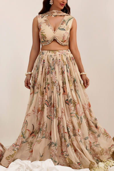 Beige tropical floral printed lehenga set