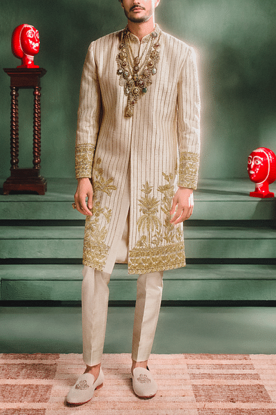 Beige zardozi embroidered sherwani set