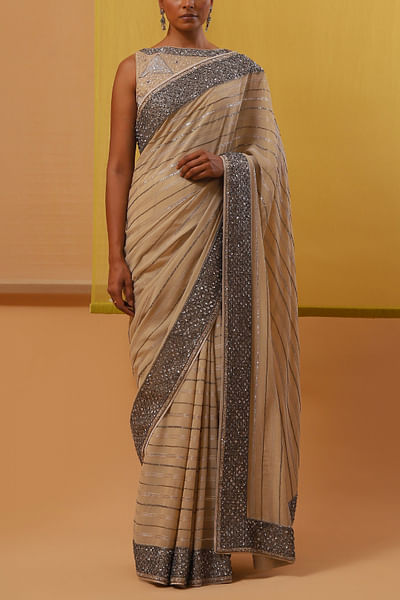 Beige zari and sequin embellished sari set