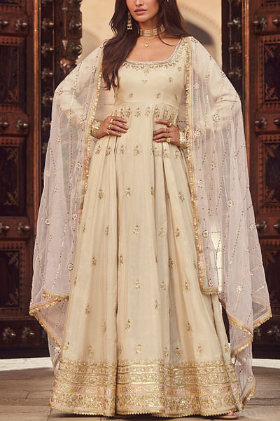 Beige zari embroidered anarkali set