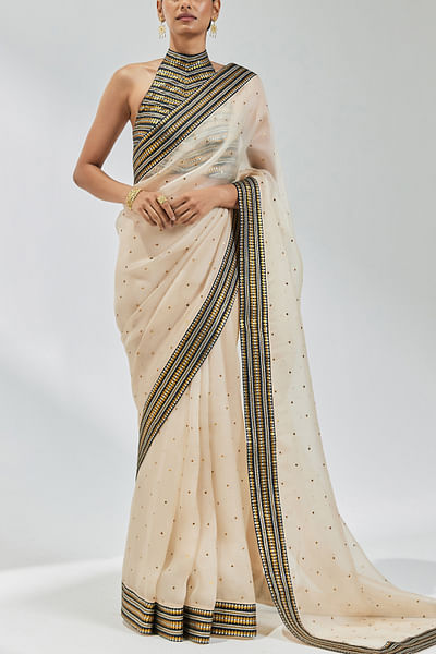 Beige zari embroidered sari set