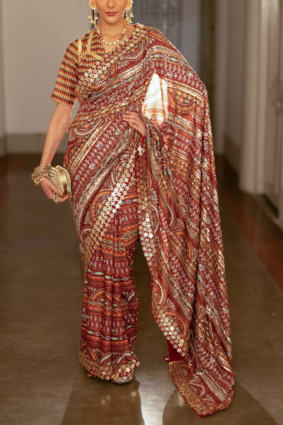 Berry red printed and embroidered sari set