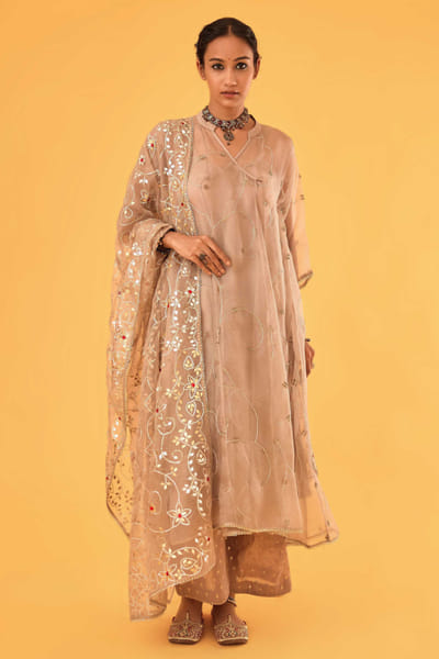 Biege cutdana embroidered kurta set