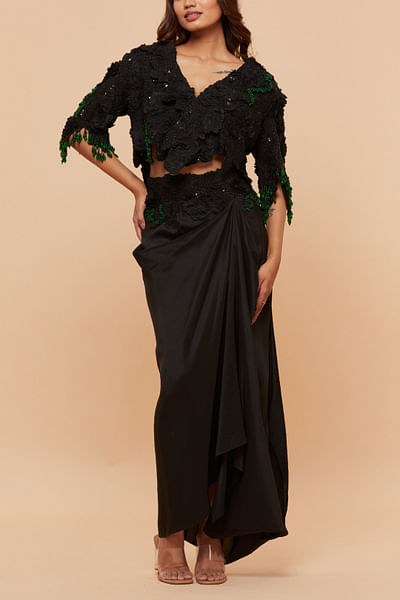 Black 3D floral detail draped skirt set