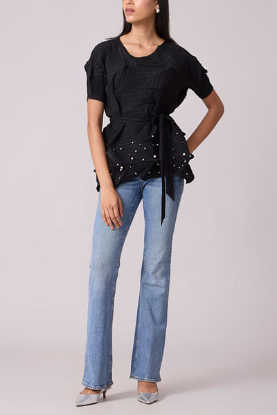Black 3D pleated and pearl embellished top
