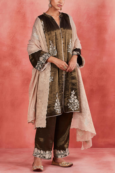 Black and beige floral embroidered kurta set