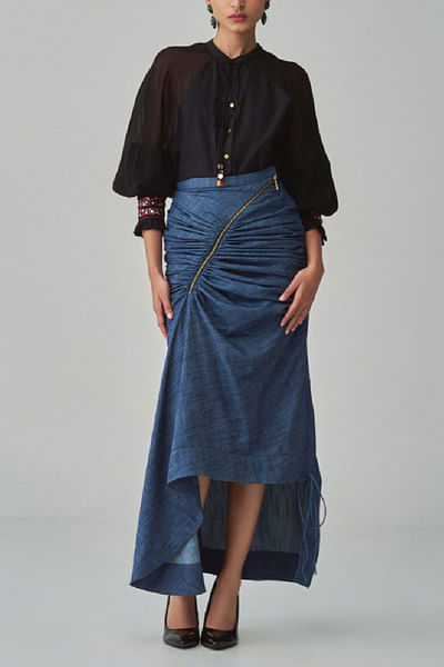 Black and blue asymmetric gathered skirt set