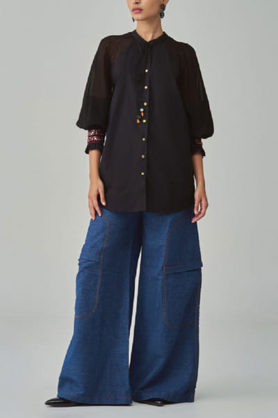 Black and blue embroidered co-ords