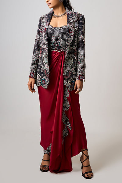 Black and burgundy embroidered blazer and dress