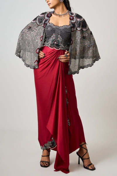 Nupur Kanoi Black and burgundy embroidered cape and dress NUKNOV24D209