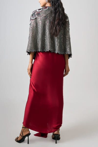 Nupur Kanoi Black and burgundy embroidered cape and dress NUKNOV24D209