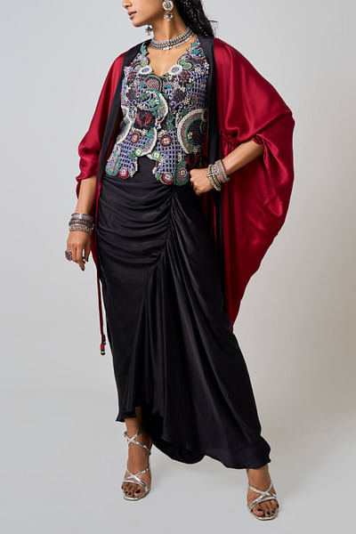 Black and burgundy embroidered cape and skirt set