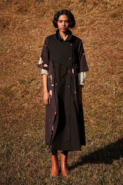 Black and coca-cola floral printed trench coat