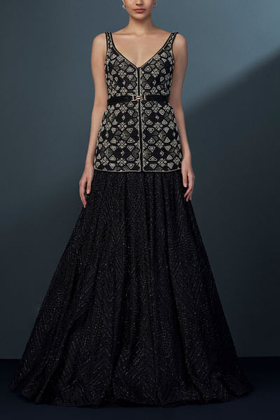 Black and gold embellished kurta lehenga set