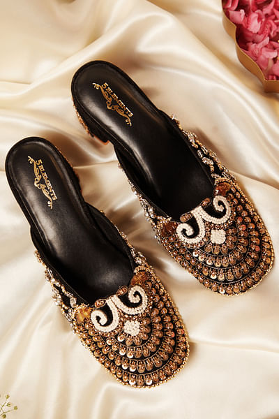 Black and gold embroidered mule heels