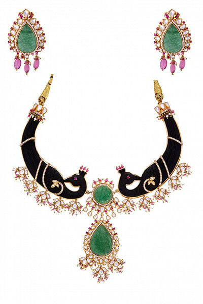 Black and green peacock jade necklace set