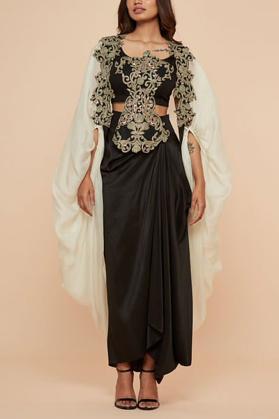 Black and ivory floral embroidered cape set