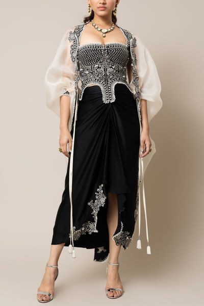 Black and off-white Swarovski detail cape set