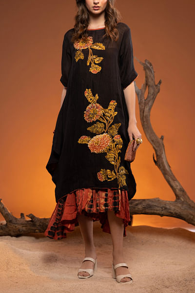 Black and orange floral embroidery dress