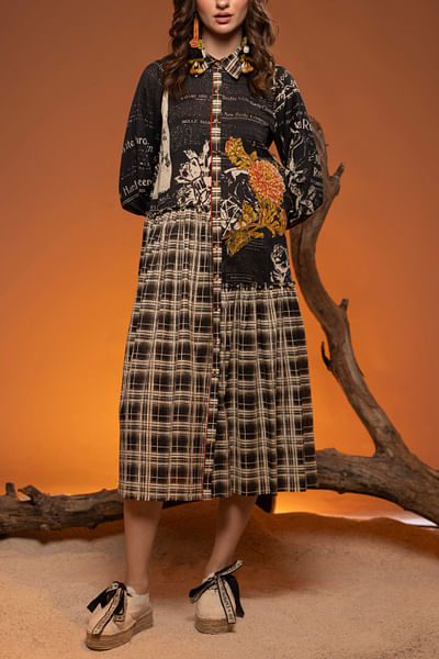 Black and orange floral embroidery shirt dress