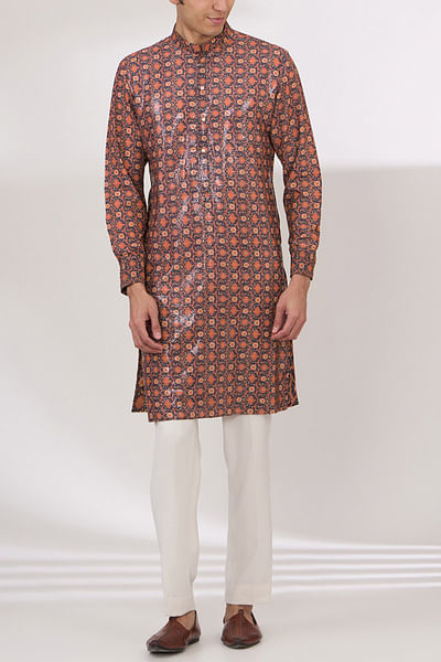 Black and orange floral print sequin kurta set