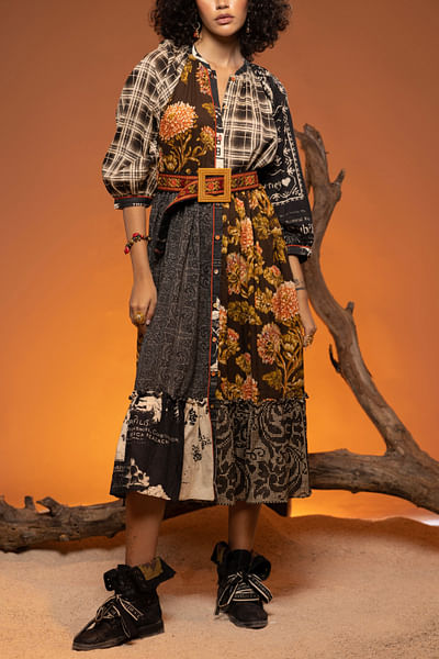 Black and orange gathered dress