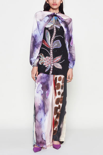 Black and purple appliqued printed kurta set