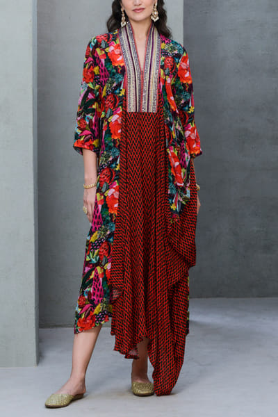 Black and red floral print draped tunic dress