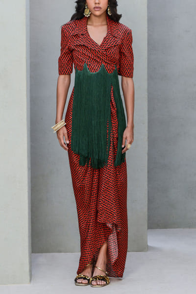 Black and red geometric print fringed co-ords