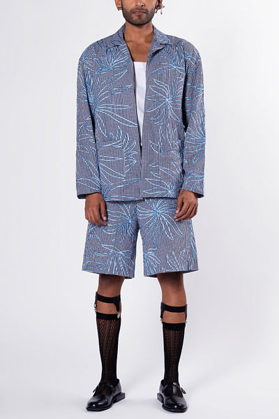 Black and white checkered floral embroidered shacket