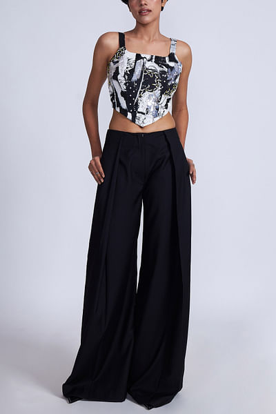 Black and white embroidered corset top and pants